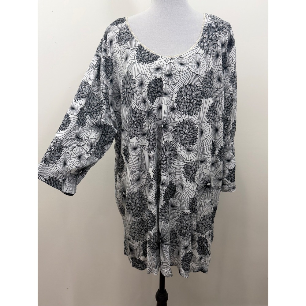 Ulla Popken Selection Floral Tunic Top Black White Pearl Neck Plus Size 24/26